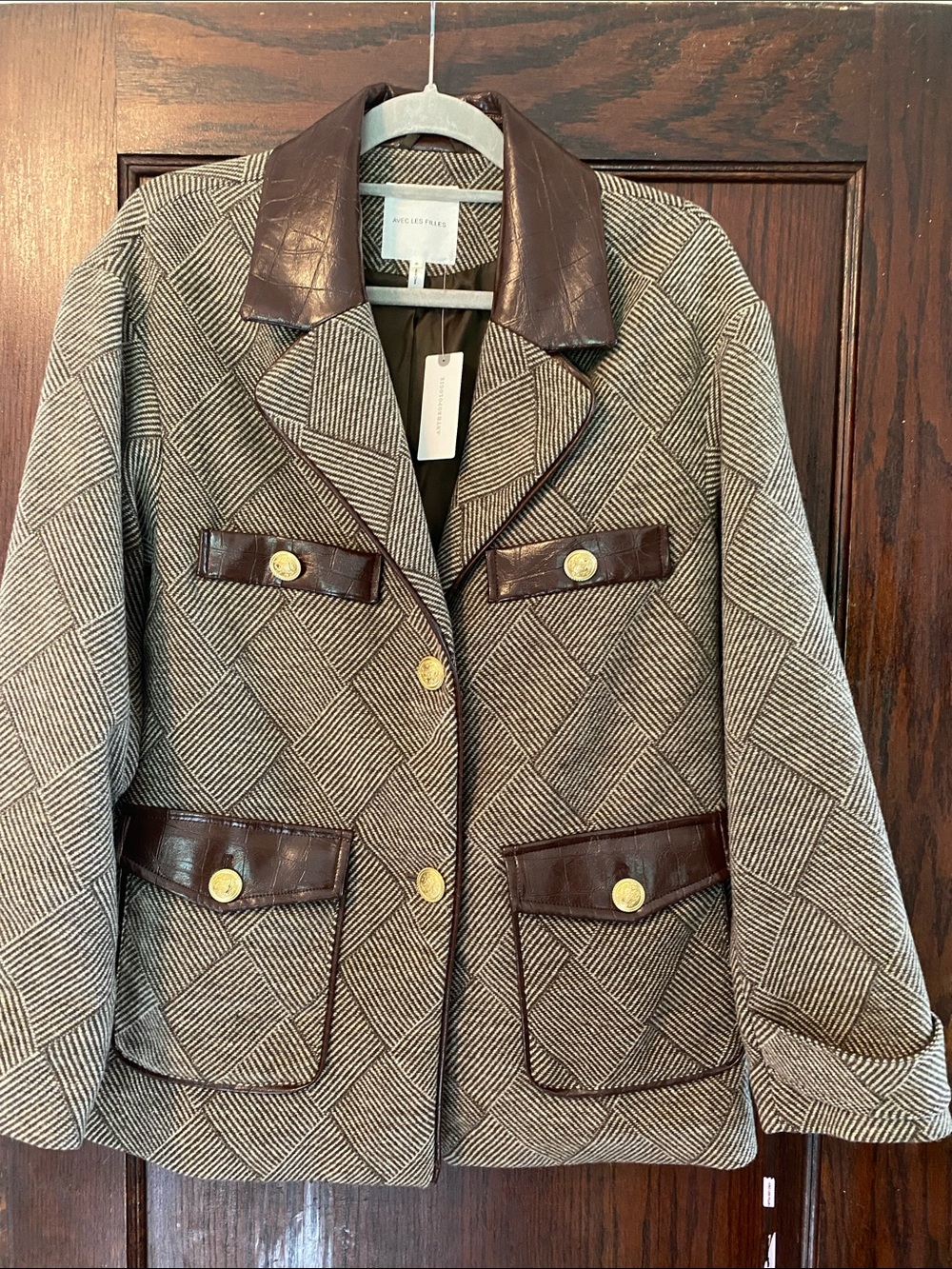 Anthropologie Avec Les Filles Gray Herringbone Blazer w/Brown Leather Trim S/M
